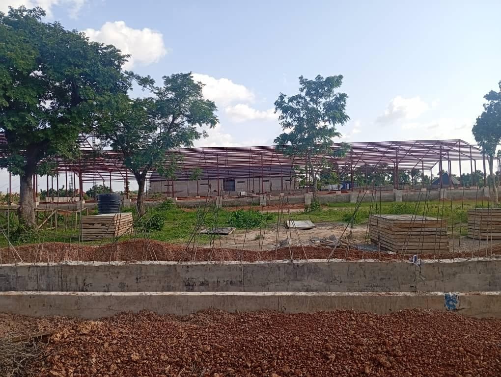 Concrete foundation walls in the foreground with steel-frame buildings and trees behind