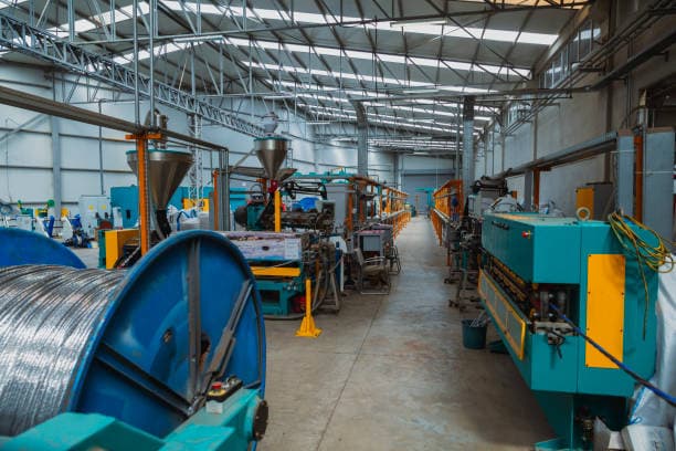 Factory hall with an extrusion line and large wire spools